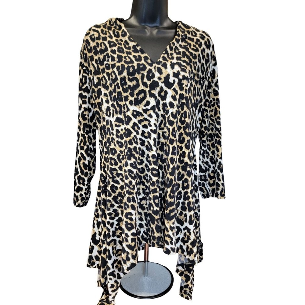 Chaus New York Tunic Top Leopard Print V-Neck Long Sleeve Womens Large Good